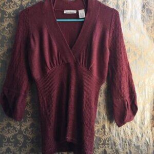 DKNY Brick Red Babydoll Textured Empire Waist V neck Sweater Tulip Sleeve Y2K
